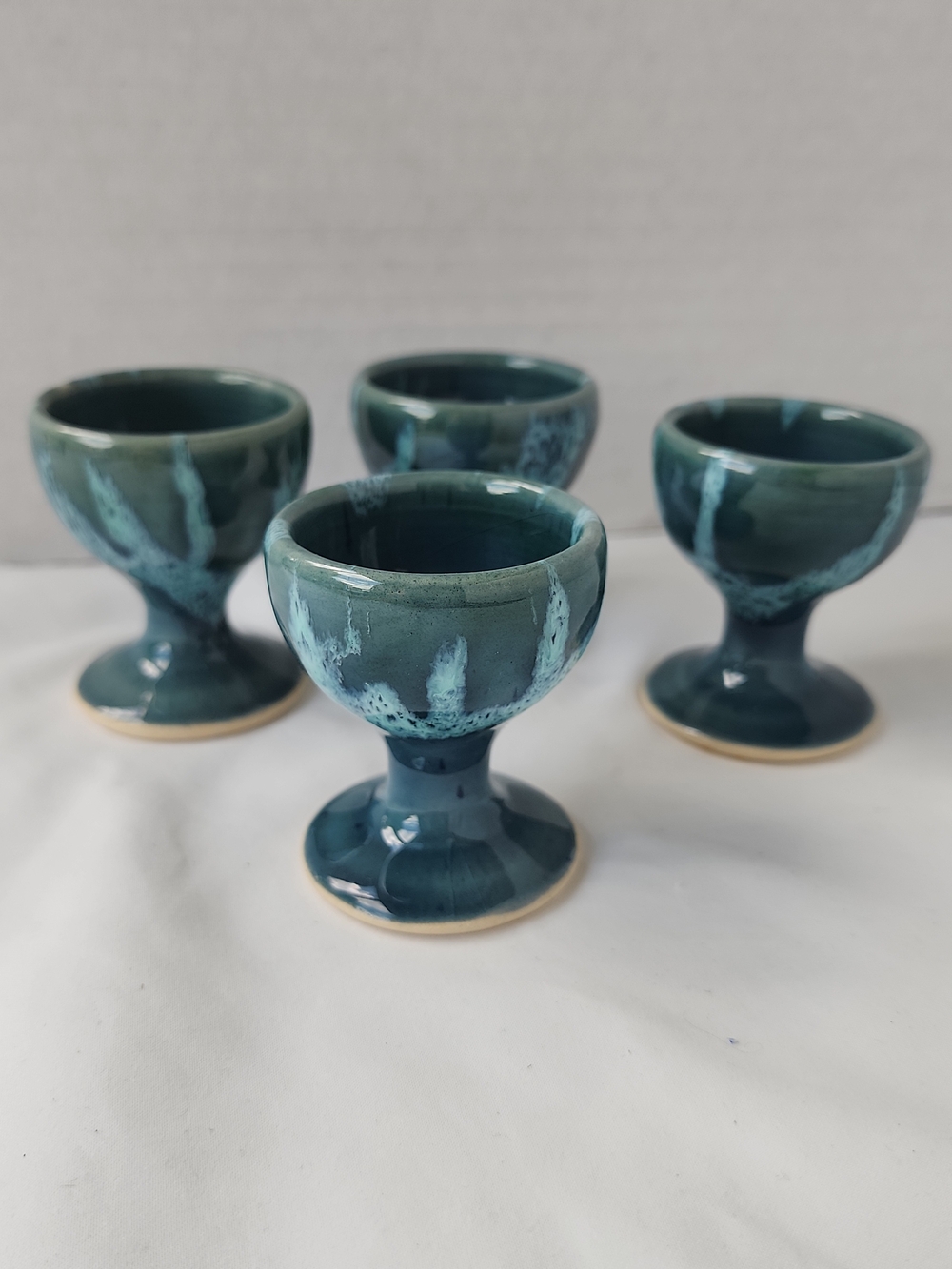 Lamorna Pottery Egg Cups Set of 4 Blue Green Glaze Cornwall England Stamped